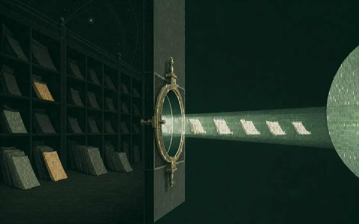 An astronomical aperture selects a small set of pages from a larger archive.