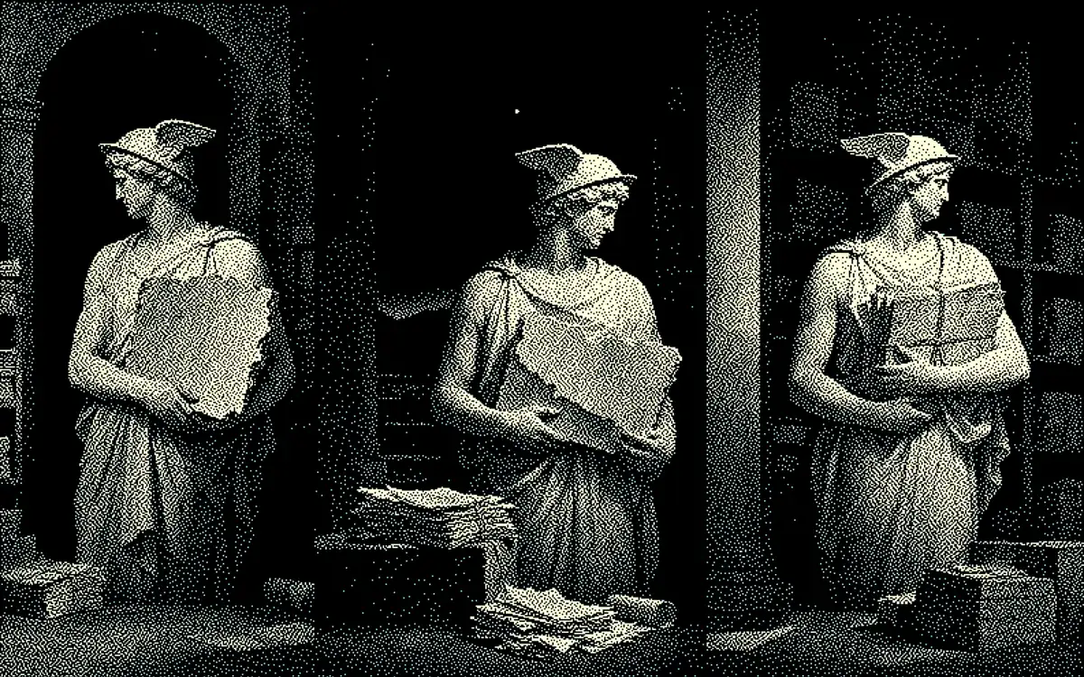 Three classical messengers guard separate fragments in a divided archive.