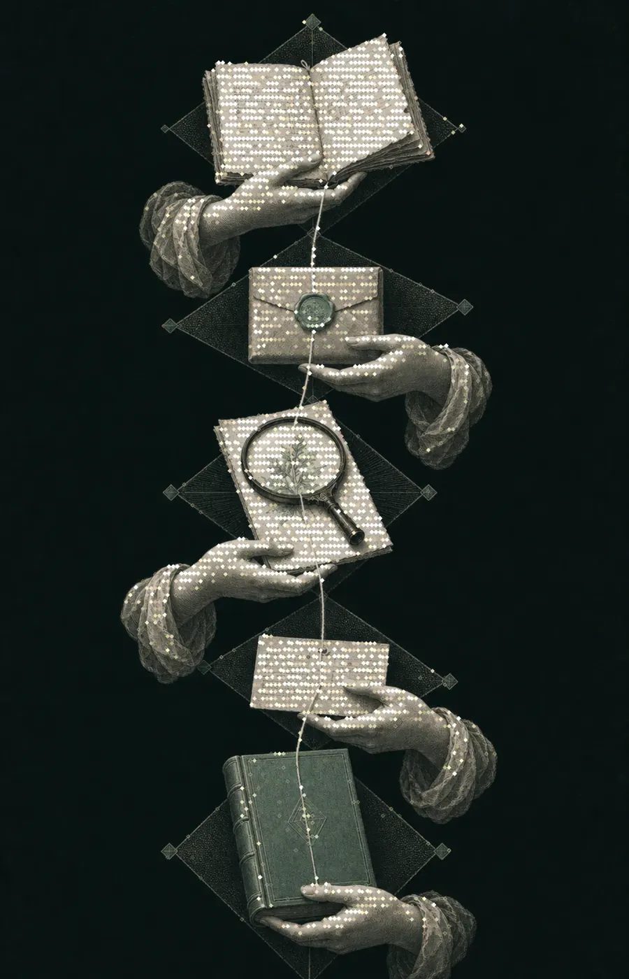 A single thread connects source material, revision, evidence, review, and an accepted volume.